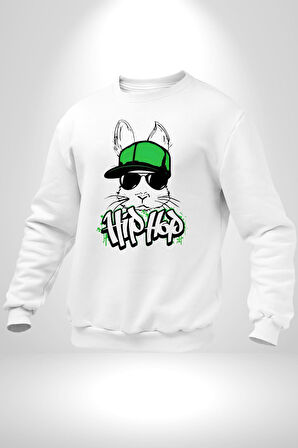 Paskalya Tavşanı Hip Hop Yeşil Şapka Erkek Kadın Unisex Dijital Baskılı Beyaz Sweatshirt