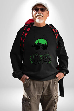 Paskalya Tavşanı Hip Hop Yeşil Şapka Erkek Kadın Unisex Dijital Baskılı Siyah Sweatshirt