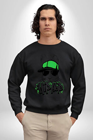 Paskalya Tavşanı Hip Hop Yeşil Şapka Erkek Kadın Unisex Dijital Baskılı Siyah Sweatshirt