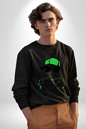 Paskalya Tavşanı Hip Hop Yeşil Şapka Erkek Kadın Unisex Dijital Baskılı Siyah Sweatshirt