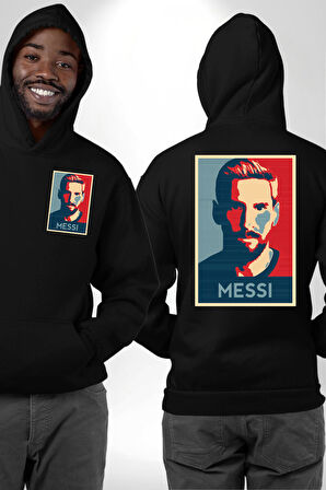Messi Portre Dijital Sanat Baskısı Erkek Kadın Siyah Ön Sırt Baskılı Kapüşonlu Sweatshirt Hoodie