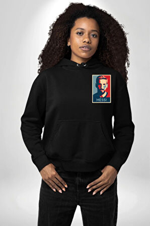 Messi Portre Dijital Sanat Baskısı Erkek Kadın Siyah Ön Sırt Baskılı Kapüşonlu Sweatshirt Hoodie