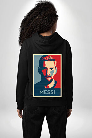 Messi Portre Dijital Sanat Baskısı Erkek Kadın Siyah Ön Sırt Baskılı Kapüşonlu Sweatshirt Hoodie