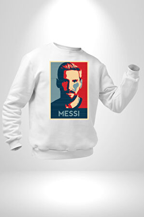 Messi Portre Dijital Sanat Baskısı Erkek Kadın Unisex Dijital Baskılı Beyaz Sweatshirt