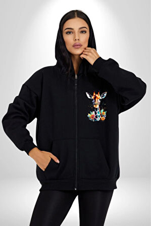 Yapay Zeka Sanat Zürafa Çiçekler Çizimi Erkek Kadın Siyah Fermuarlı Baskılı Hırka Sweatshirt