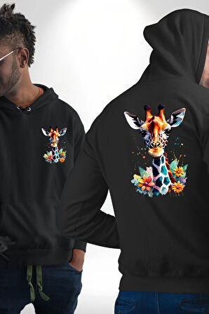 Yapay Zeka Sanat Zürafa Çiçekler Çizimi Erkek Kadın Siyah Ön Sırt Baskılı Kapüşonlu Sweatshirt Hoodie