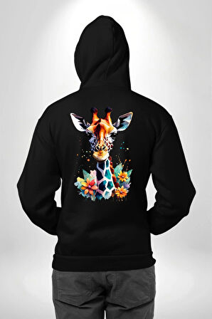 Yapay Zeka Sanat Zürafa Çiçekler Çizimi Erkek Kadın Siyah Ön Sırt Baskılı Kapüşonlu Sweatshirt Hoodie