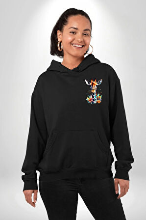 Yapay Zeka Sanat Zürafa Çiçekler Çizimi Erkek Kadın Siyah Ön Sırt Baskılı Kapüşonlu Sweatshirt Hoodie