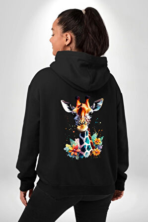 Yapay Zeka Sanat Zürafa Çiçekler Çizimi Erkek Kadın Siyah Ön Sırt Baskılı Kapüşonlu Sweatshirt Hoodie