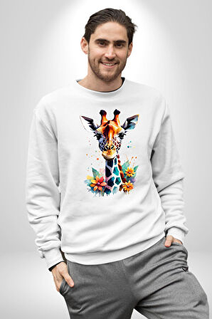 Yapay Zeka Sanat Zürafa Çiçekler Çizimi Erkek Kadın Unisex Dijital Baskılı Beyaz Sweatshirt
