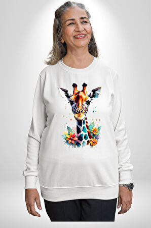 Yapay Zeka Sanat Zürafa Çiçekler Çizimi Erkek Kadın Unisex Dijital Baskılı Beyaz Sweatshirt