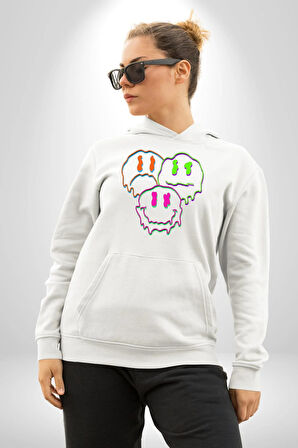 Neon Kafatası Gülen Somurtgan Eriyen Emoji Erkek Kadın Beyaz Dijital Baskılı Kapüşonlu Sweatshirt Hoodie