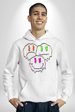 Neon Kafatası Gülen Somurtgan Eriyen Emoji Erkek Kadın Beyaz Dijital Baskılı Kapüşonlu Sweatshirt Hoodie