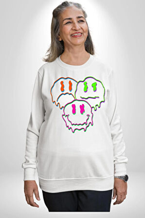 Neon Kafatası Gülen Somurtgan Eriyen Emoji Erkek Kadın Unisex Dijital Baskılı Beyaz Sweatshirt