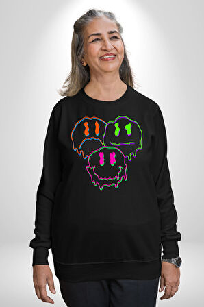 Neon Kafatası Gülen Somurtgan Eriyen Emoji Erkek Kadın Unisex Dijital Baskılı Siyah Sweatshirt