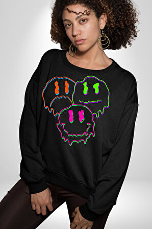 Neon Kafatası Gülen Somurtgan Eriyen Emoji Erkek Kadın Unisex Dijital Baskılı Siyah Sweatshirt