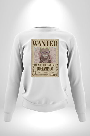 One Piece Aranıyor Doflamingo Anime Erkek Kadın Unisex Dijital Baskılı Beyaz Sweatshirt