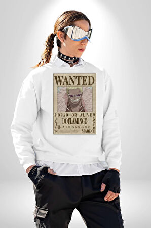 One Piece Aranıyor Doflamingo Anime Erkek Kadın Unisex Dijital Baskılı Beyaz Sweatshirt
