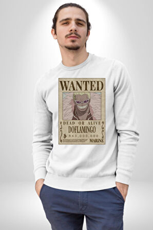 One Piece Aranıyor Doflamingo Anime Erkek Kadın Unisex Dijital Baskılı Beyaz Sweatshirt