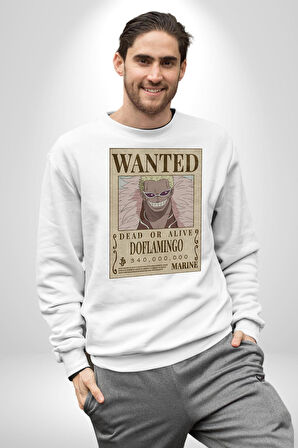 One Piece Aranıyor Doflamingo Anime Erkek Kadın Unisex Dijital Baskılı Beyaz Sweatshirt