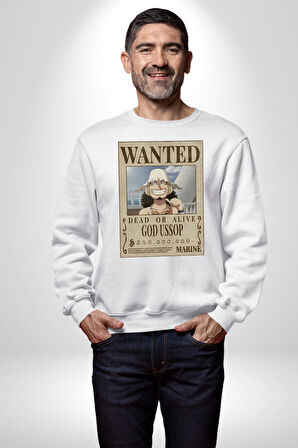 One Piece Aranıyor God Ussop Anime Erkek Kadın Unisex Dijital Baskılı Beyaz Sweatshirt