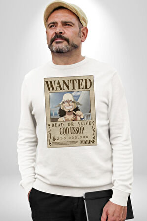One Piece Aranıyor God Ussop Anime Erkek Kadın Unisex Dijital Baskılı Beyaz Sweatshirt