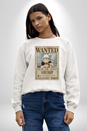 One Piece Aranıyor God Ussop Anime Erkek Kadın Unisex Dijital Baskılı Beyaz Sweatshirt