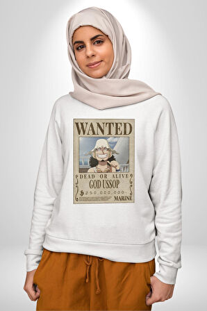 One Piece Aranıyor God Ussop Anime Erkek Kadın Unisex Dijital Baskılı Beyaz Sweatshirt