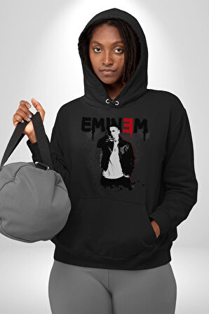 Eminem Rap Müzik Şarkıcı Erkek Kadın Siyah Dijital Baskılı Kapüşonlu Sweatshirt Hoodie