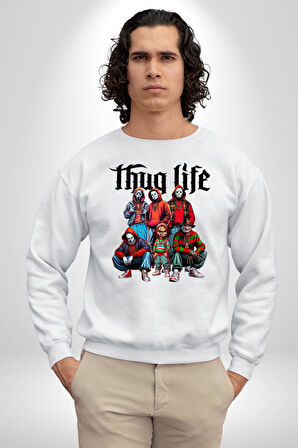 Thug Life Korku Sineması Kara Cuma Karakter Erkek Kadın Unisex Dijital Baskılı Beyaz Sweatshirt