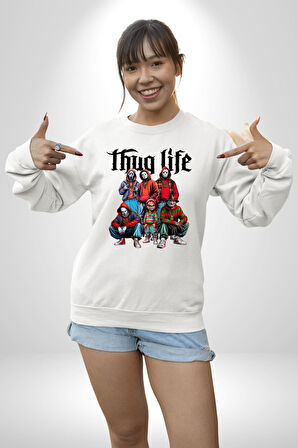 Thug Life Korku Sineması Kara Cuma Karakter Erkek Kadın Unisex Dijital Baskılı Beyaz Sweatshirt