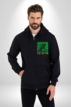 Alien Uzaylı Aranıyor  Erkek Kadın Siyah Fermuarlı Baskılı Hırka Sweatshirt