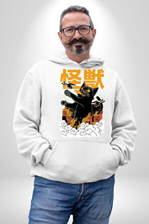 Kaiju Anime Kedi Canavarı Film Kore Style Erkek Kadın Beyaz Dijital Baskılı Kapüşonlu Sweatshirt Hoodie