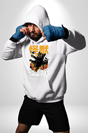 Kaiju Anime Kedi Canavarı Film Kore Style Erkek Kadın Beyaz Dijital Baskılı Kapüşonlu Sweatshirt Hoodie