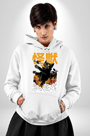 Kaiju Anime Kedi Canavarı Film Kore Style Erkek Kadın Beyaz Dijital Baskılı Kapüşonlu Sweatshirt Hoodie