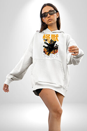 Kaiju Anime Kedi Canavarı Film Kore Style Erkek Kadın Beyaz Dijital Baskılı Kapüşonlu Sweatshirt Hoodie