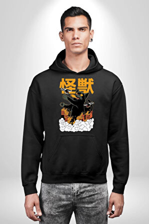 Kaiju Anime Kedi Canavarı Film Kore Style Erkek Kadın Siyah Dijital Baskılı Kapüşonlu Sweatshirt Hoodie