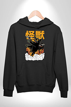 Kaiju Anime Kedi Canavarı Film Kore Style Erkek Kadın Siyah Dijital Baskılı Kapüşonlu Sweatshirt Hoodie