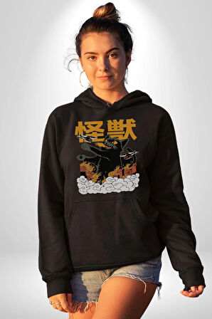 Kaiju Anime Kedi Canavarı Film Kore Style Erkek Kadın Siyah Dijital Baskılı Kapüşonlu Sweatshirt Hoodie