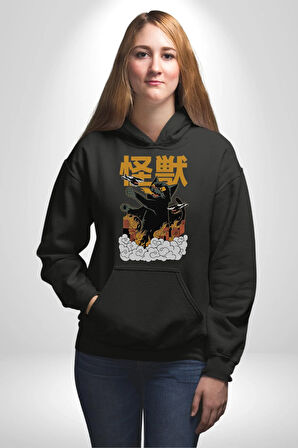 Kaiju Anime Kedi Canavarı Film Kore Style Erkek Kadın Siyah Dijital Baskılı Kapüşonlu Sweatshirt Hoodie