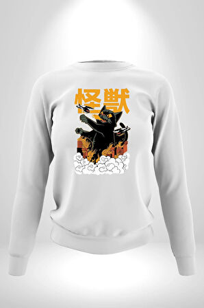 Kaiju Anime Kedi Canavarı Film Kore Style Erkek Kadın Unisex Dijital Baskılı Beyaz Sweatshirt