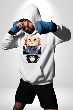 Demon Slayer  İblis Keser Manga Kahramanları Erkek Kadın Beyaz Dijital Baskılı Kapüşonlu Sweatshirt Hoodie