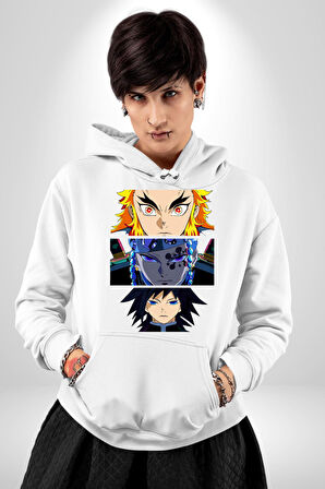 Demon Slayer  İblis Keser Manga Kahramanları Erkek Kadın Beyaz Dijital Baskılı Kapüşonlu Sweatshirt Hoodie