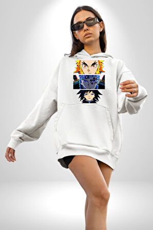 Demon Slayer  İblis Keser Manga Kahramanları Erkek Kadın Beyaz Dijital Baskılı Kapüşonlu Sweatshirt Hoodie