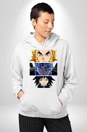 Demon Slayer  İblis Keser Manga Kahramanları Erkek Kadın Beyaz Dijital Baskılı Kapüşonlu Sweatshirt Hoodie