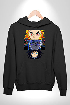 Demon Slayer  İblis Keser Manga Kahramanları Erkek Kadın Siyah Dijital Baskılı Kapüşonlu Sweatshirt Hoodie