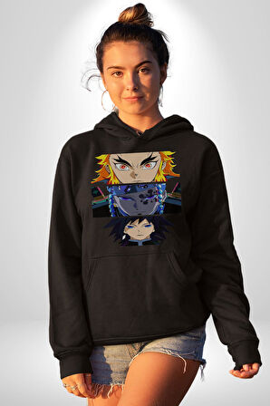Demon Slayer  İblis Keser Manga Kahramanları Erkek Kadın Siyah Dijital Baskılı Kapüşonlu Sweatshirt Hoodie