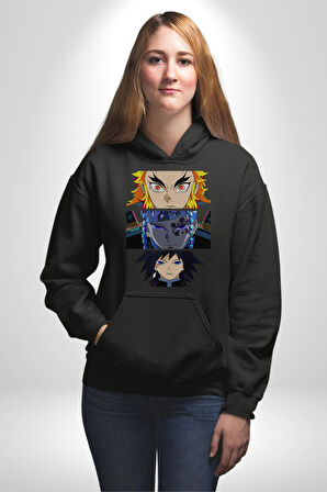 Demon Slayer  İblis Keser Manga Kahramanları Erkek Kadın Siyah Dijital Baskılı Kapüşonlu Sweatshirt Hoodie