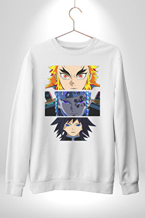Demon Slayer  İblis Keser Manga Kahramanları Erkek Kadın Unisex Dijital Baskılı Beyaz Sweatshirt