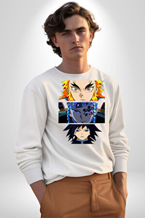 Demon Slayer  İblis Keser Manga Kahramanları Erkek Kadın Unisex Dijital Baskılı Beyaz Sweatshirt